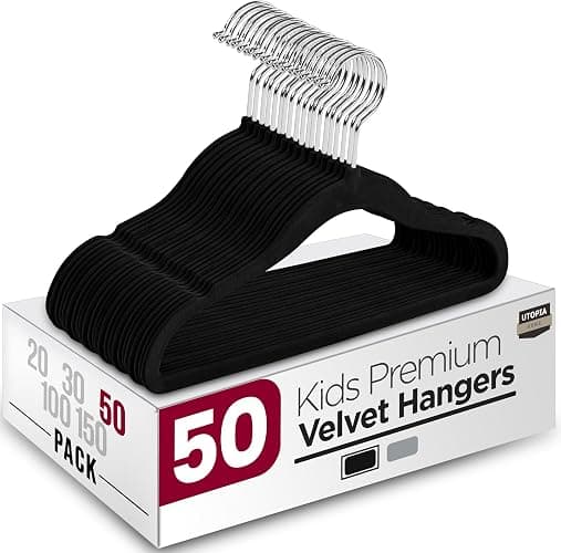 Utopia Home Kids Hangers Velvet Pack of 50-11 Inch Durable Baby Hangers for Closet - Perfect for Toddler Everyday Use (Black) - Image 1