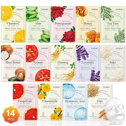 KONEUK 14 Pack Sheet Face Masks Skincare for All Skin Types, Hydrating Face Masks Suitable for Sensitive Skin, Bulk Facial Mask Set for Women Skin Care, Face Mask Gifts Set for Face Spa - A-14 Pack Facial Masks - Image 1
