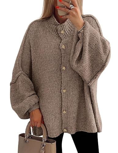 PRETTYGARDEN Women's Winter Button Down Cardigan Sweaters Mock Neck Lantern Long Sleeve Chunky Knit Jacket Trendy Outerwear - Image 1