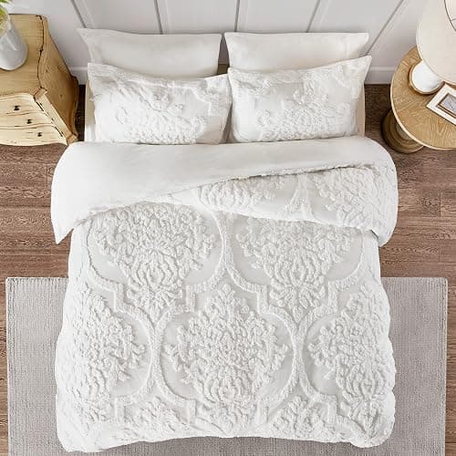 Madison Park Tufted Chenille 100% Cotton Duvet- Modern Luxe All Season Comforter Cover Bed Set with Matching Shams, King/Cal King(104"x92"), Damask Off White 3 Piece - Image 1