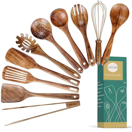 10 Pack Wooden Utensils for Cooking, Wood Utensil Set for Kitchen, Teak Wooden Spoon for Cooking, Non-Stick Spatula Ladle - Image 1