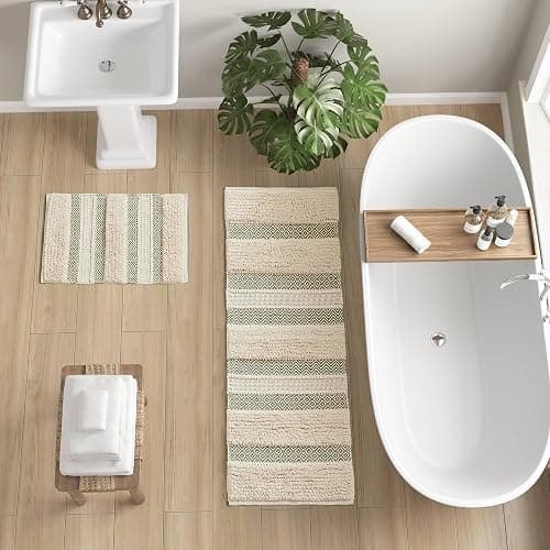 Ink+Ivy Bath Rug Hand-Woven Texture Shaggy Striped Soft & Water Absorbent, Boho Bathroom Décor Bath-Mats, Non-Slip Absorbent Quick Dry Mats for Tub, Shower Room, Asher, 22x58, Sage Green 1 Piece - Image 1