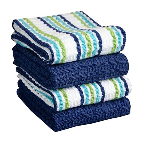 T-Fal Premium Kitchen Towel (4-Pack), 16"x26" Highly Absorbent, Super Soft Long Lasting 100% Cotton Solid/Check Hand Towels, Tea Towels, Blue - Image 1