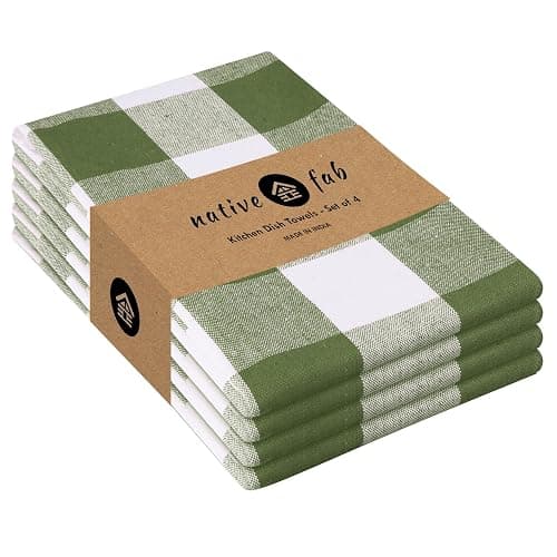 Native Fab Buffalo Check Kitchen Dish Towels, 16"x26", 4 Pack - 100% Cotton Plaid Washcloths - Absorbent Dish Cloths Set, Cleaning Hand Towels with Hanging Loop - Mint Green White - Image 1