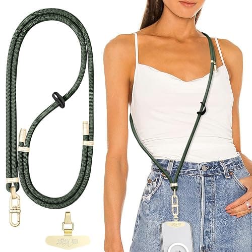 Elrvaga Adjustable Anti-Theft Phone Lanyard Neck & Crossbody Strap with 0.2mm Metal Tab & Comfort-Fit 8mm Rope(Dark Green) - Image 1