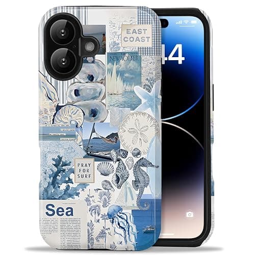 Amzfield Compatible with iPhone 16 Case, Aesthetic Summer Phone Case Cute Vintage Seashell Ocean Collage for Girl Women, Scratch Resistant Shockproof Protective Girly Case for iPhone 16, Blue - Image 1