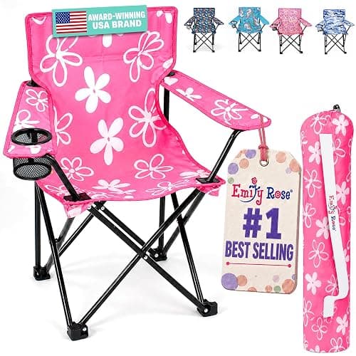 Emily Rose Kids Pink Folding Beach Camp Chair with Cup Holder Safety Lock & Carry Case - Toddler Girls Chair Ages 2-7 Indoor Outdoor Lightweight Portable - Floral Design 125lb Capacity - Image 1
