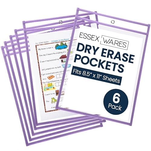 Essex Wares - 6 Pack, Light Purple, Water-Resistant Dry Erase Pocket Document Protectors, 10" Wide x 13.5" Tall - Dry Erase Clear Plastic Sleeves - Reusable & Easy Erase Plastic Invoice Holders - Image 1