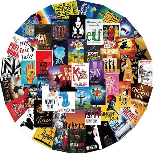 50PCs Broadway Pack Stickers,Classic Musical Play Sticker, Broadway Musical Vinyl Waterproof Decals for Laptop,Journal,Water Bottle,Wall,Theater,Dorm Deal, Poster Set Stickers for Kids,Teens,Girls - Image 1