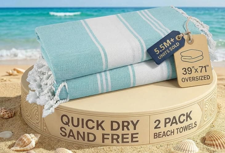 LANE LINEN Beach Towel 2 Pack, Oversized Beach Towel 39"x71", Lightweight Beach Essentials for Women, Large Pool Towel, Absorbent & Quick Dry, Sand Free Beach Towel - Aqua - Image 1