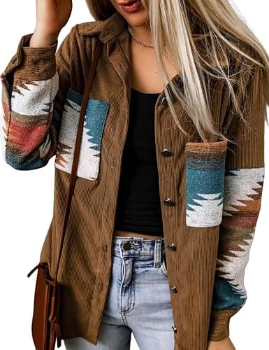 Perbai Womens Corduroy Flannel Shirt Long Sleeve Button Down Aztec Loose Shacket Jacket with Pockets - Image 1