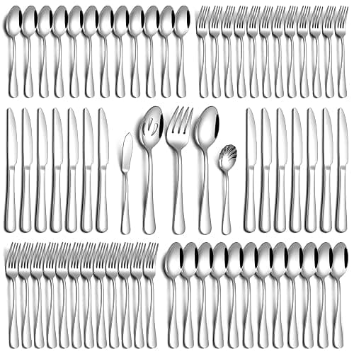 PHILIPALA 65 Piece Silverware Set with Serving Utensils, Stainless Steel Flatware Set for 12 Food Grade Novelty Flatware Cutlery Utensil Set Include Knife Fork Spoon Mirror Polished Dishwasher Safe - Image 1