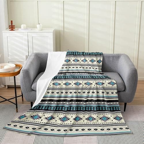 Western Boho Flannel Fleece Blanket, Aztec Sherpa Blanket Queen Size, Ethnic Tribal Arrow Throw Blanket, Retro Exotic Nordic Style Fuzzy Blanket, African Indian Decor Bed Blanket, Pebble Gery Blue - Image 1