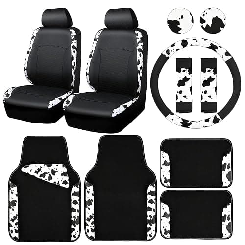 CAR-PASS Cow Print Car Accessories Sets Faux Leather Car Seat Covers & Cow Car Mats & Cow Steering Wheel Cover Seat Belt Pads Universal fit for SUV,Van,Saden,Truck Cute Automobile Interior Sets Women - Image 1