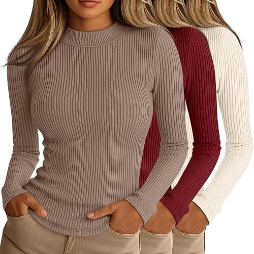 Riyiper 3 Pack Women's Ribbed Shirts, Mock Turtleneck Long Sleeve Tops Slim Fitted Undershirts Casual Basic Layering Tees - Image 1