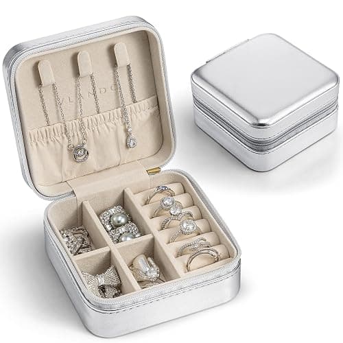 Vlando Small Travel Jewelry Box Organizer - Girls Women Gift Rings Earrings Necklaces Jewelry Storage Display Case - Silver - Image 1