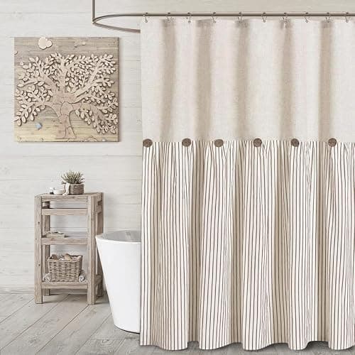 Awellife Farmhouse Beige Shower Curtain Button Linen Textured Woven Fabric,Pleated Beige Stripe,Country Style,72x72 Inch - Image 1