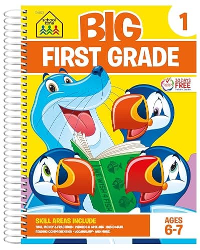 School Zone Big First Grade Workbook: 320 Spiral-Bound Pages, 1st Grade, Reading Comprehension, Phonics, Spelling, Vocabulary, Basic Math, Time, Money, Fractions, Ages 6 to 7 - Image 1