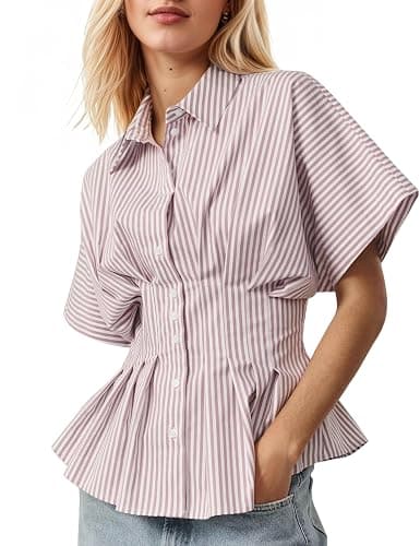 Soamat Womens Striped Shirts Button Down Short Sleeve Pleated Peplum Blouses Dressy Casual Lapel Tops Summer Business Shirt - Image 1