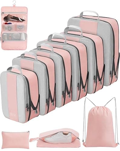 10 Set Compression Packing Cubes for Travel Essentials,Compressible Expandable Packing Cubes for Suitcase,OlarHike Luggage Organizer Bags for Travel,Handy Helper for Organizing Clothes(Pink) - 06-Pink - Image 1