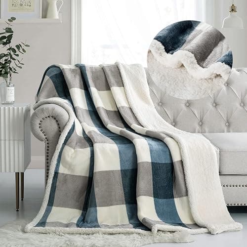 PU MEI Sherpa Fleece Throw Blanket 60" x 80" Reversible Plush Fluffy Large Big Blanket Lattice Flannel Blankets for Sofa Couch Bed (Grey-Soft Blue, 60"*80") - Image 1