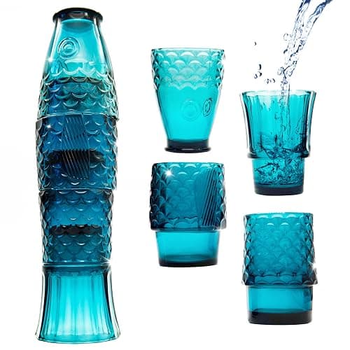 Gökotta Set of 4 | Handmade Stacking Koi Carp Fish Drinking Glasses | Natural Blue Glass Tumblers | Retro Fun Quirky Gift Present | Dinner Party Cocktail Water Juice Coffee Mugs Cups | 4PCS 250ml - Image 1