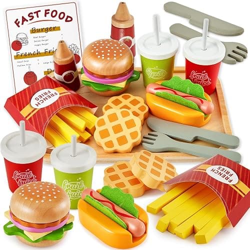 BUYGER Toy Play Food Set, Fast Food Playset, Wooden Hamburger Toy Set | Wooden BBQ Pizza Food for Kids, Pretend Hot Dog and Burger, Toy Play Kitchen Accessories, Wooden Toys for 2 3 4 Year Olds - Image 1