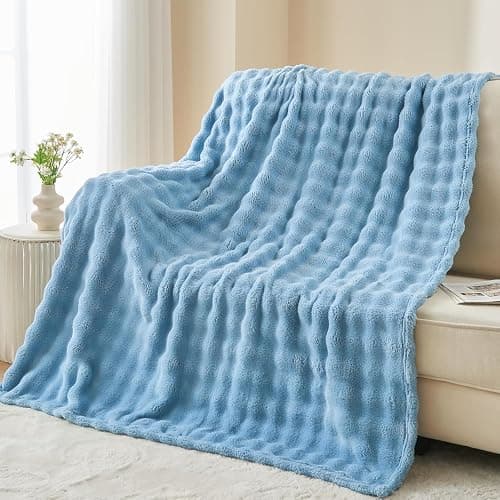 Wajade Fluffy Flannel Blanket White Faux Fur Bed Throw Super Soft Warm Large Blanket for Bed Sofa Car, 127X153CM - Blue - 127x153 - Image 1