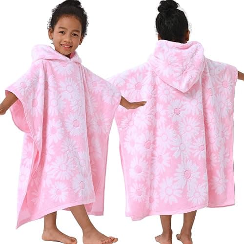 VIV: VOOVA & MOVAS Thick Hooded Bath Towel Poncho for Kids (4-8Years) - Soft, Absorbent Turkish Cotton Swim Towel Robe, Perfect for Bathroom | Pool | Swim, Jacquard, Pink with White Daisy Theme - Poncho Towel(Age 4-8) - Pink With White Flowers - Image 1