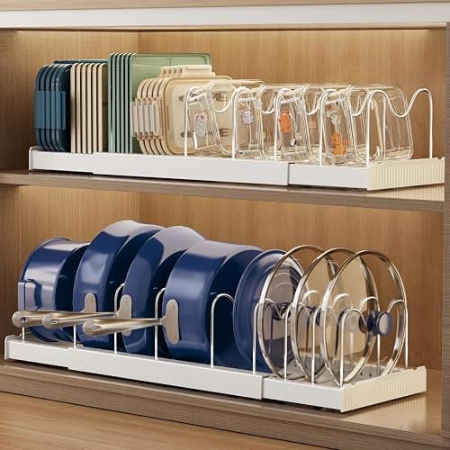 Magheo 2 Pack Expandable Food Storage Container Lid Organizers, 22" Pots and Pans Organizer Under Cabinet with 9 Adjustable Dividers Pot and Pan Lid Holders Rack Inside Cabinet(White) - Image 1