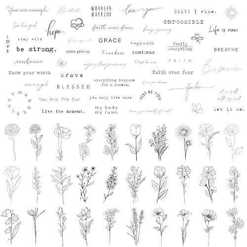 TATUWST Realistic Temporary Tattoos - 60 Sheets Tiny Small Removable Tattoos, 30 Pcs Inspirational Quotes Words Tattoos, 30 Pcs Wild Flower Ink Line Botanical Floral Leaf Tattoo Stickers for Women - Image 1