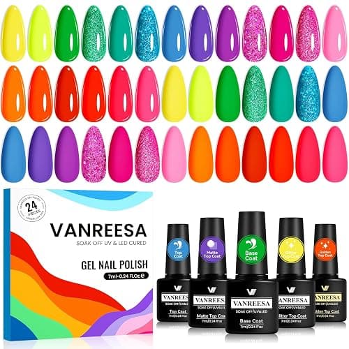 VANREESA 24 Pcs Neon Gel Nail Polish Set -Bright Summer Colors Gel Polish with Base Coat & 4 Effects of Top Coat Bright Yellow Orange Pink Red Green Blue Purple Gel Polish Set Nail Kit Gifts for Women - Image 1