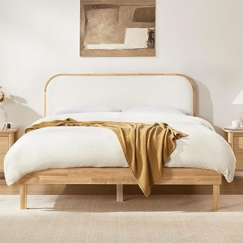 KISLOT Wood Bed Frame with Upholstered Headboard, Mid-Century Boucle Fabric Platform Modern Bed Mattress Foundation Noise-Free No Box Spring Needed Easy Assembly - Image 1