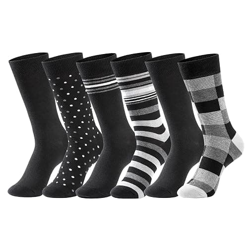 GLENMEARL Mens Dress Socks 6 Pack, Classic Patterned Black Combed Cotton Casual Mid Calf Socks for Men, Size 10-13 - Image 1