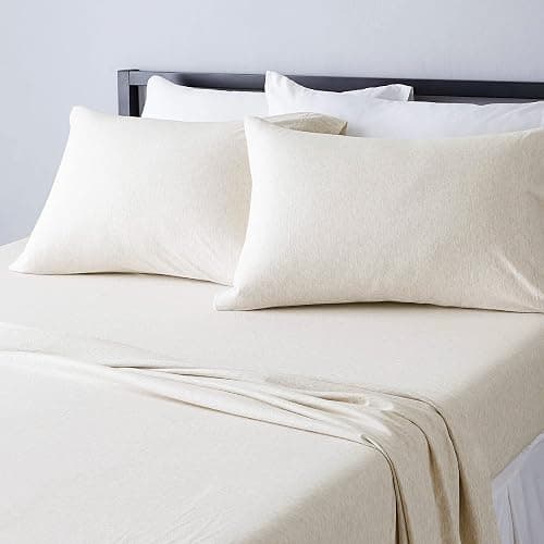 Amazon Basics 4 Piece Bed Sheets Set, 100% Cotton Jersey, Includes Super Soft, Flat and Fitted Sheets, Pillowcase, Full, Oatmeal, Solid - Image 1