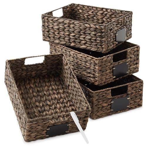 Casafield Set of 4 Water Hyacinth Pantry Baskets, 10" x 13" x 5", with Chalkboard Labels and Chalk Marker - Espresso, Woven Storage Bin Organizers for Kitchen Shelves - Image 1
