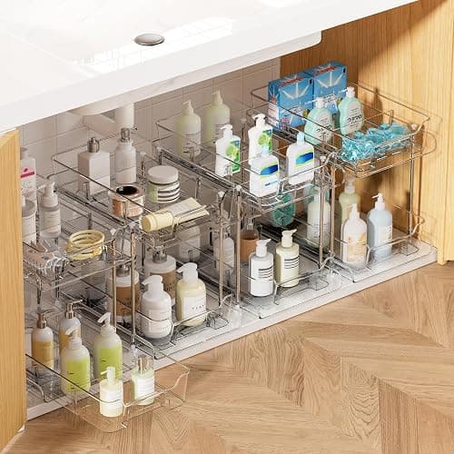 Vtopmart 4 Pack 2 Tier Bathroom Under Sink Organizers and Storage, Clear Kitchen Pantry Organization, Pull Out Medicine Cabinet Organizer with Movable Dividers - Image 1