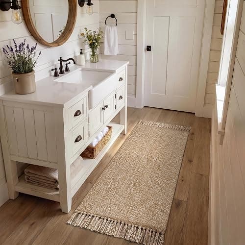 Collive Bathroom Runner Rug, 2' x 5' Modern Farmhouse Kitchen Rugs | Hand-Woven Entryway Rugs Runners for Hallway, Tan/Cream Boho Washable Laundry Carpet, Indoor Front Door Mat for Bedroom Patio - Image 1
