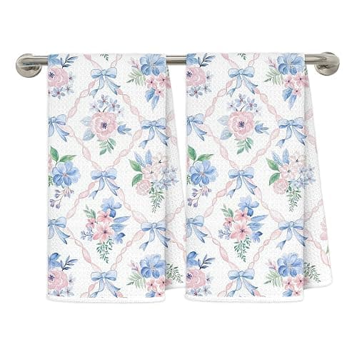 MKIJUHB Coquette Blue Bow Floral Kitchen Dish Towels, Pink and Blue Grandmillennial Flower Decorative Hand Tea Towels for Bathroom, Coquette Bathroom Decor, 16x24 Inch Set of 2 - Image 1