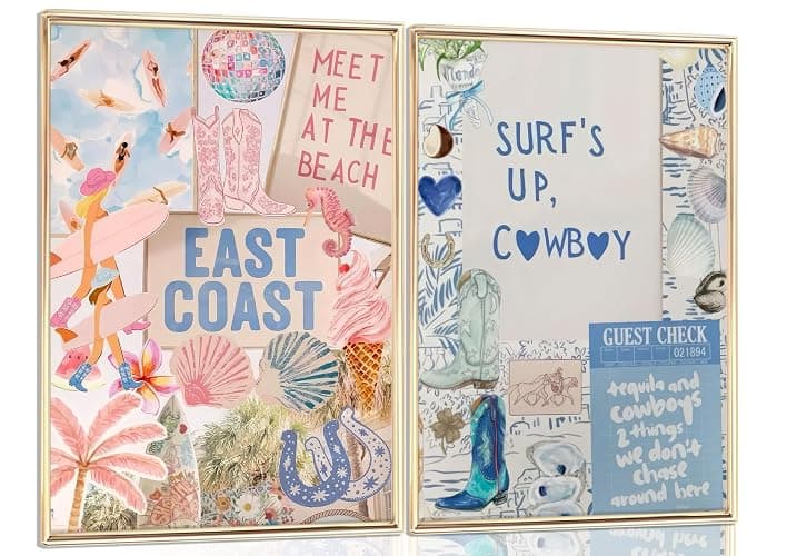 2PCS Coastal Cowgirl Wall Art Pink And Blue Aesthetic Posters Preppy Coastal Granddaughter Prints Beach Pictuers Cowboy Boots Wall Decor for College Girls Dorm Bathroom Gallery Bedroom Unframed - Image 1