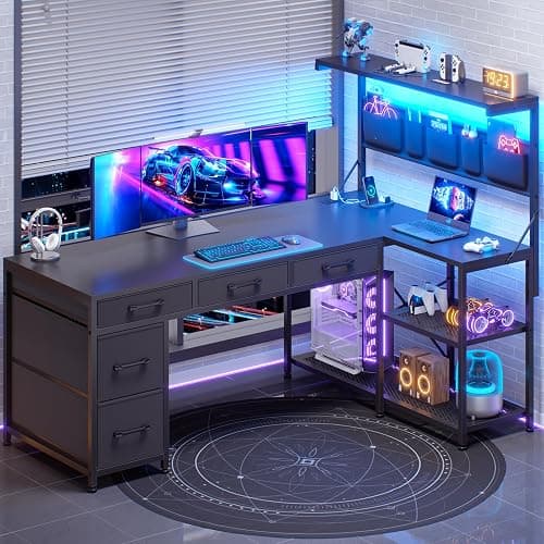 SEDETA L Shaped Gaming Desk, 47.2" Reversible Small Computer Desk with 5 Drawers and Storage Shelves, Corner Gaming Desk with LED Lights and Power Outlet, Black - Image 1
