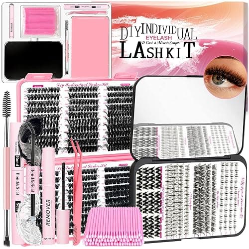 QUKLOGEN DIY Fluffy Lash Extension Kit 772Pcs D Curl 4 styles Individual Lash with Bottom Clusters Bond and Seal,Quick Glue Remover Tweezers Eyelash Brush Mini Applicator (LASH003) - Image 1