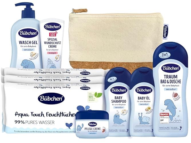 Bübchen Pflegeset für Neugeborene, 7-teilig – Geschenkset mit Baby-Produkten, von mildem Shampoo bis pflegender Wundschutzcreme, ohne Silikone - Image 1