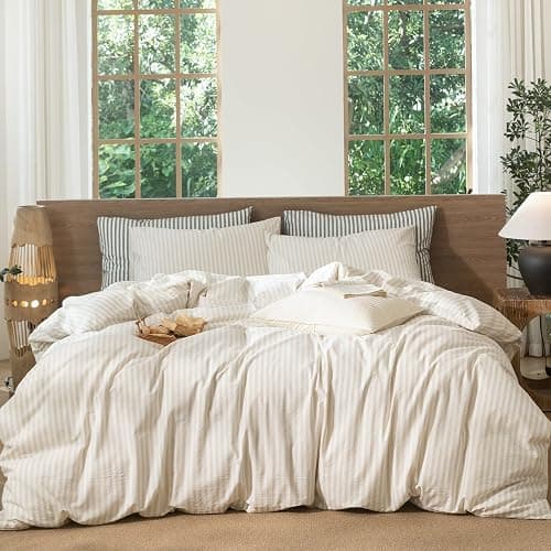 MooMee Striped Duvet Cover Set 100% Washed Cotton Linen Like Textured Breathable Durable Soft Comfy (Almond Milk Grey Classic Stripes, King 104"x90") - Image 1
