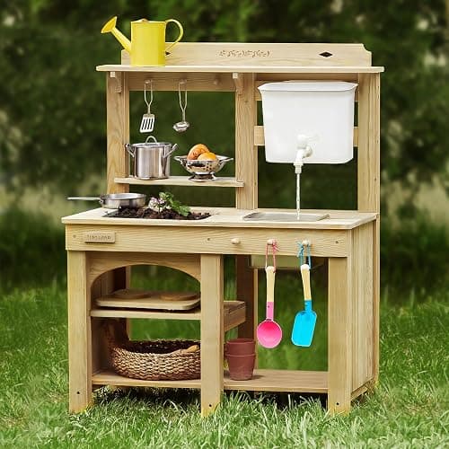 Tiny Land Outdoor Mud Kitchen for Kids, Wooden Play Kitchen with Water Tank, Water & Cooking Play, Sensory Fun, Weather-Resistant with Storage, Ideal for Toddlers Ages 3+ - Image 1