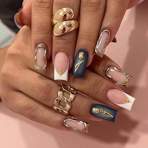 BABALAL Press on Nails Long Square Fake Nails Black Glue on White French Tip 3d Gold Chrome Texture Design Rose Charm Vintage Acrylic False Nails Y2k Fall Manicure Handmade Stick on Squoval Nails - Image 1