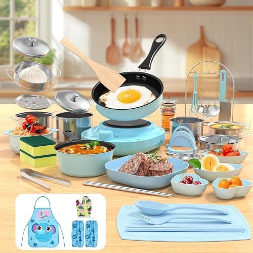 Gotoofun Kids Cooking Sets Real, Kid Safe Montessori Mini Tools Includes Stove Burner, Knife ect for Aged 8-12 Boys Girls Food Making, Easy for Beginners, Education Toys-Blue - Image 1