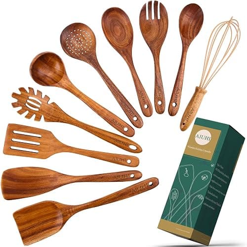 AIUHI 10 Pcs Wooden Spoons for Cooking, Teak Wooden Utensil Set for Nonstick Cookware, Wooden Kitchen Utensils Set with Whisk and Spaghetti Server - Image 1
