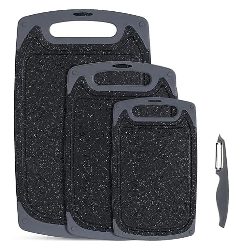 SKERITO Chopping Board Set, Kitchen Cutting Boards, BPA Free Plastic Chopping Boards with Non-Slip Feet and Deep Drip Juice Groove, Dishwasher Safe Cutting Board, 3pcs, Black - Dark Grey - Image 1