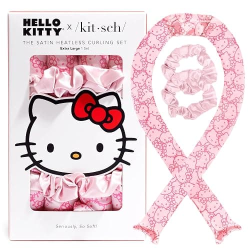 Hello Kitty x Kitsch Satin Heatless Hair Curler Set - Heatless Curls Overnight, Hair Rollers for Soft Curls & Frizz-Free Styling, No Heat Curlers To Sleep in, Curling Rod Headband - Pink Kitty Faces - Image 1